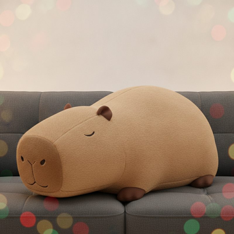 Representative oversized capybara plush lounging on a living room couch