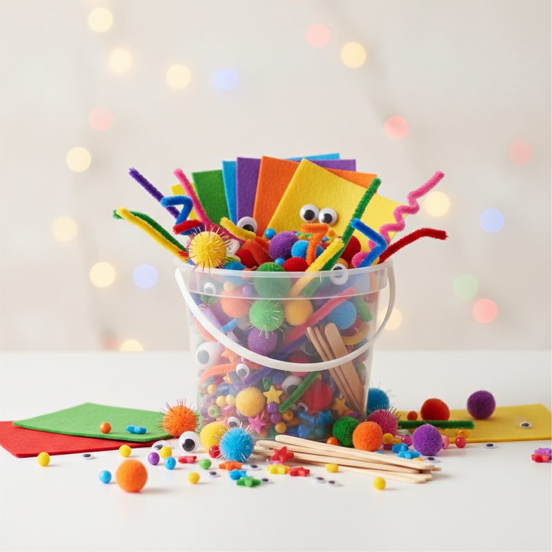 Representative craft supply tub spilling pom-poms, pipe cleaners, and googly eyes