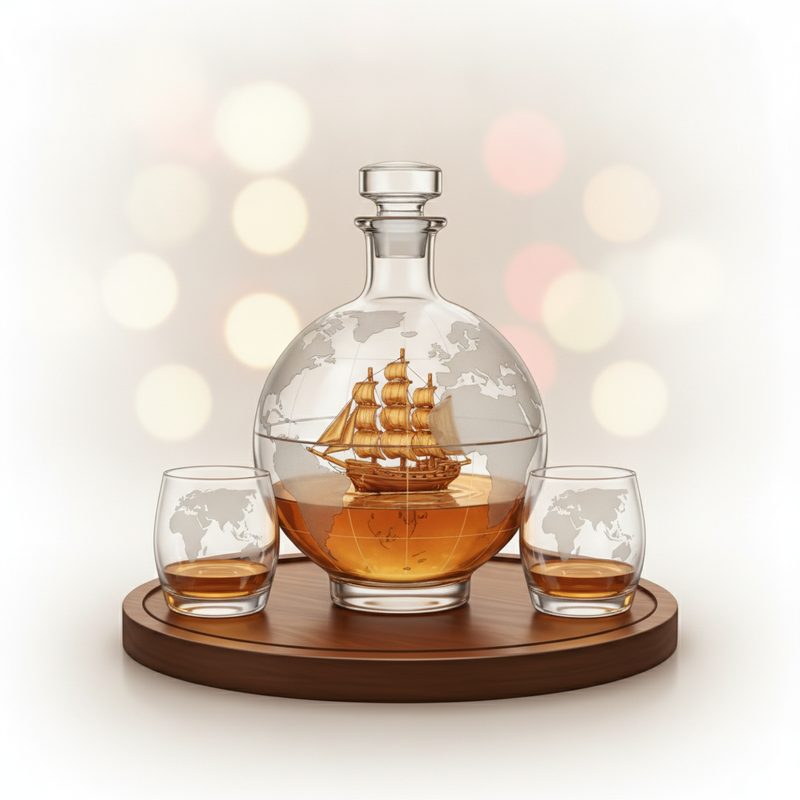 Representative etched glass globe decanter with glasses on a wooden tray