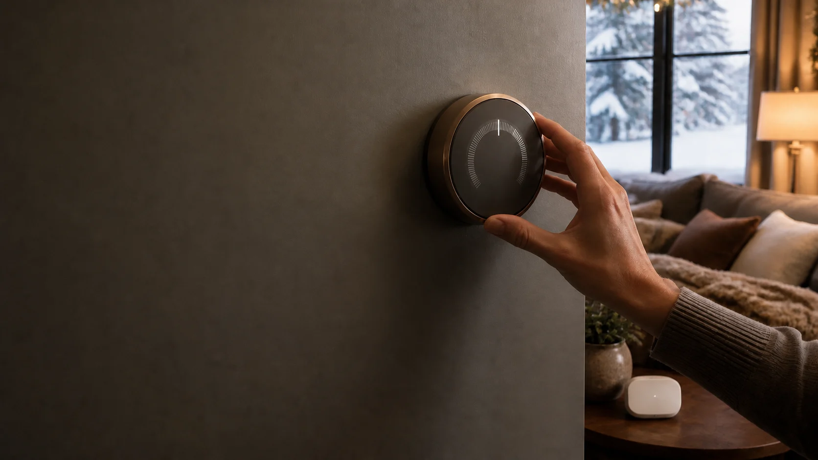Representative circular smart thermostat and wireless room sensor in a warm winter living room