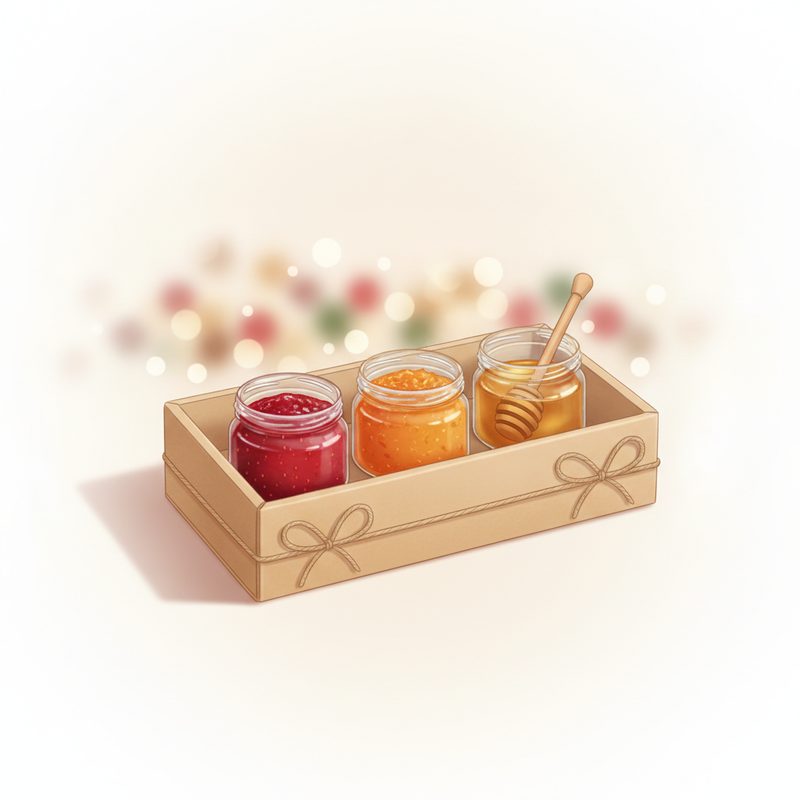 Representative gift box of small jam and honey jars tied with twine