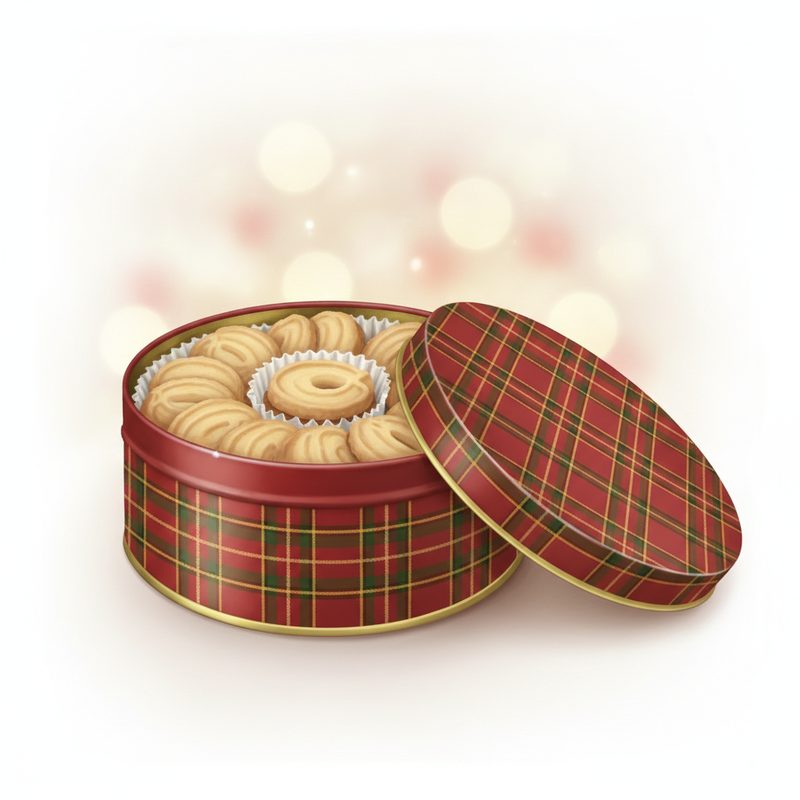 Representative decorative holiday tin filled with rounds of shortbread