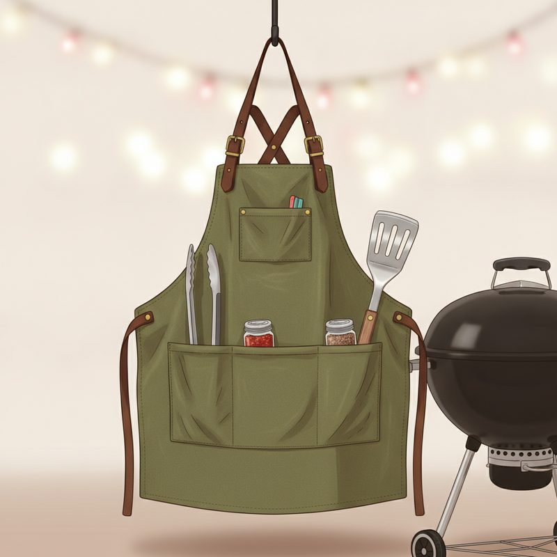 Representative canvas grilling apron with loaded tool pockets on a hook