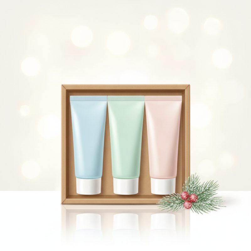 Representative trio of small hand cream tubes arranged on a vanity