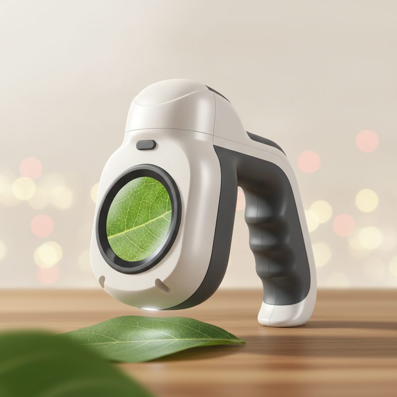 Representative handheld digital microscope showing a magnified leaf on its screen
