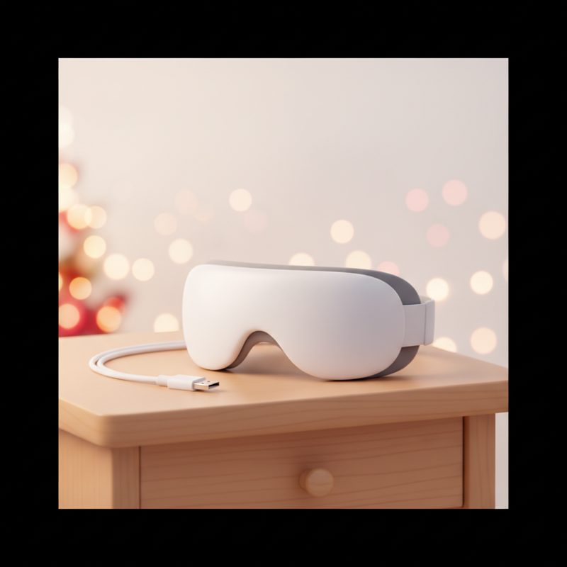 Representative padded eye massager mask resting on a bedside table
