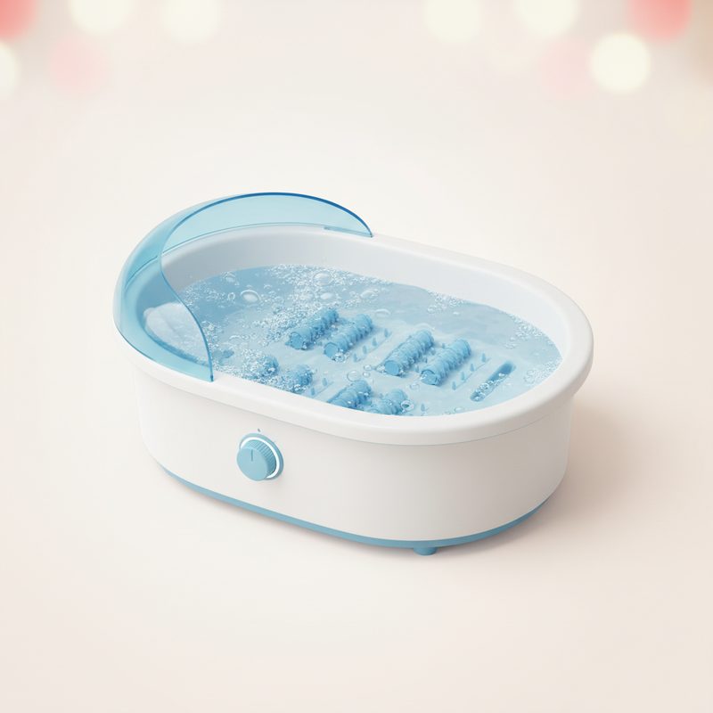 Representative heated foot spa basin with bubbling water in front of a couch