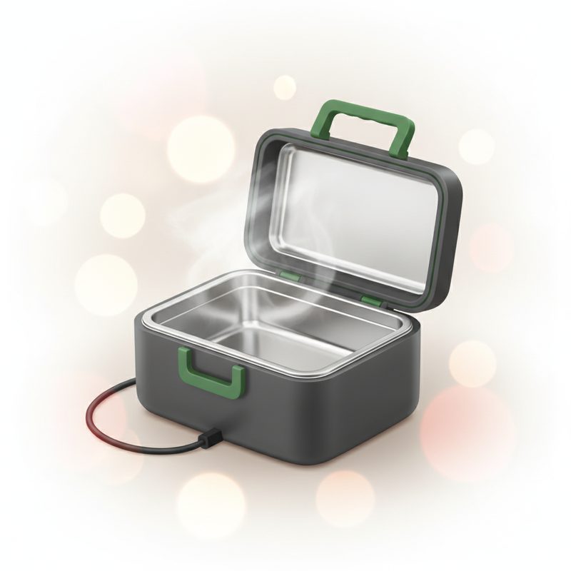 Representative electric heated lunch box open on a desk with steam rising
