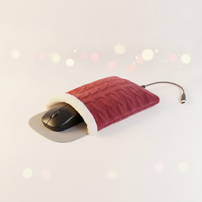 Representative heated mouse pad pouch with a hand and mouse tucked inside