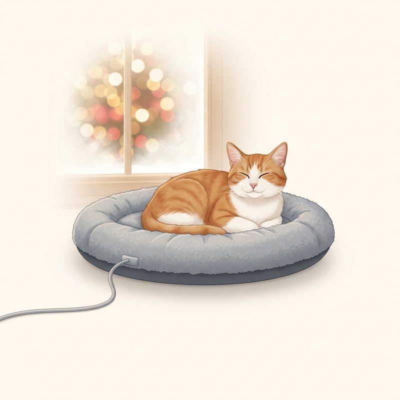 Representative low warming pet bed with a cat settled on top