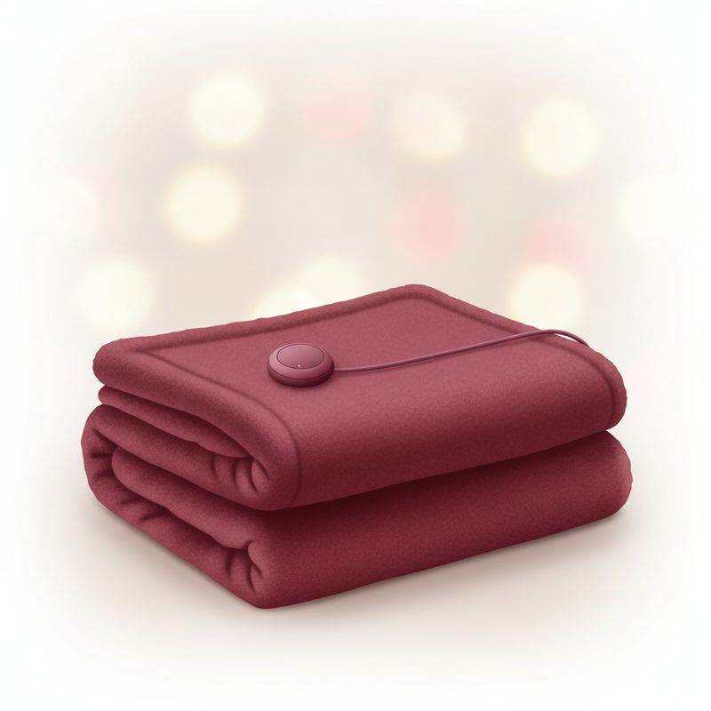 Representative plush heated throw blanket with a corded controller on a couch