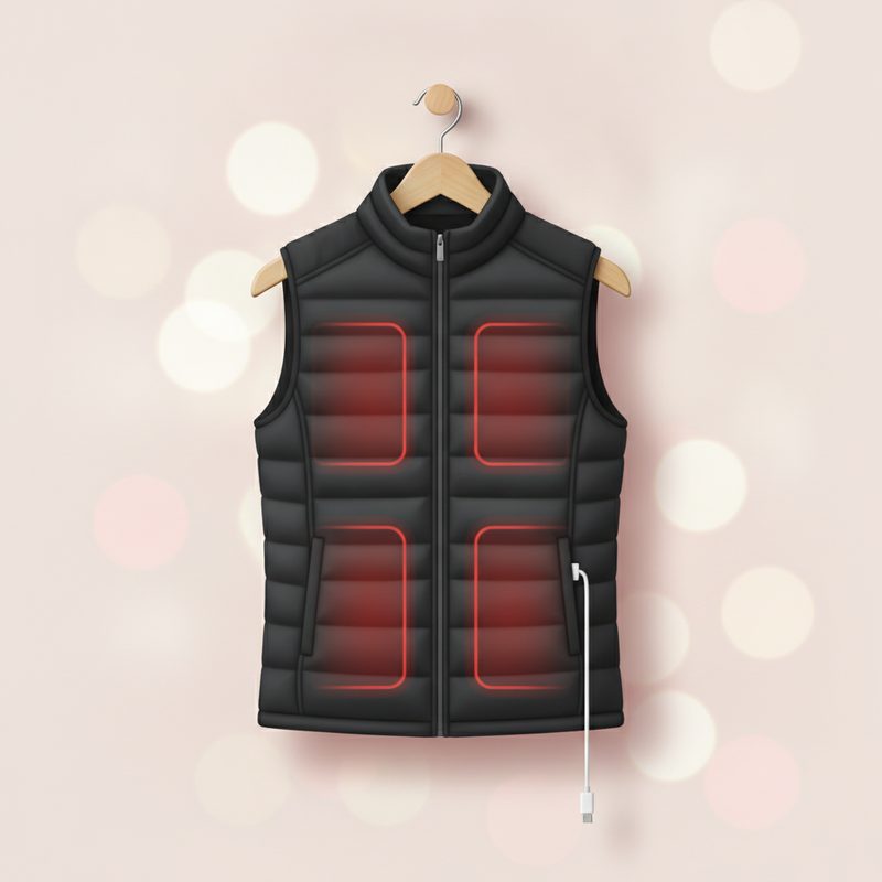 Representative quilted vest with a small cable pocket shown on a coat hook