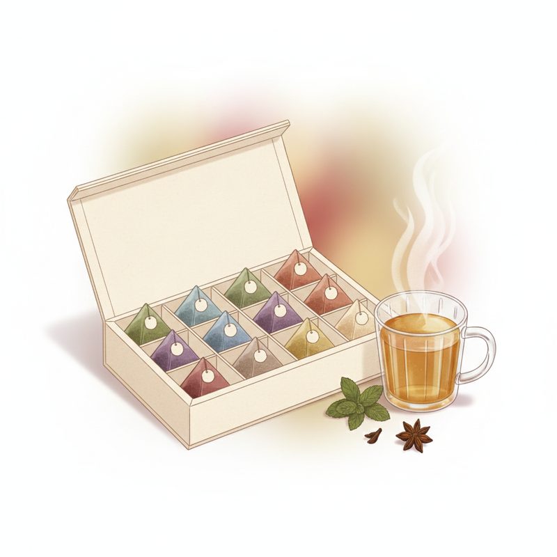 Representative herbal tea sampler gift box with assorted labelled tea compartments
