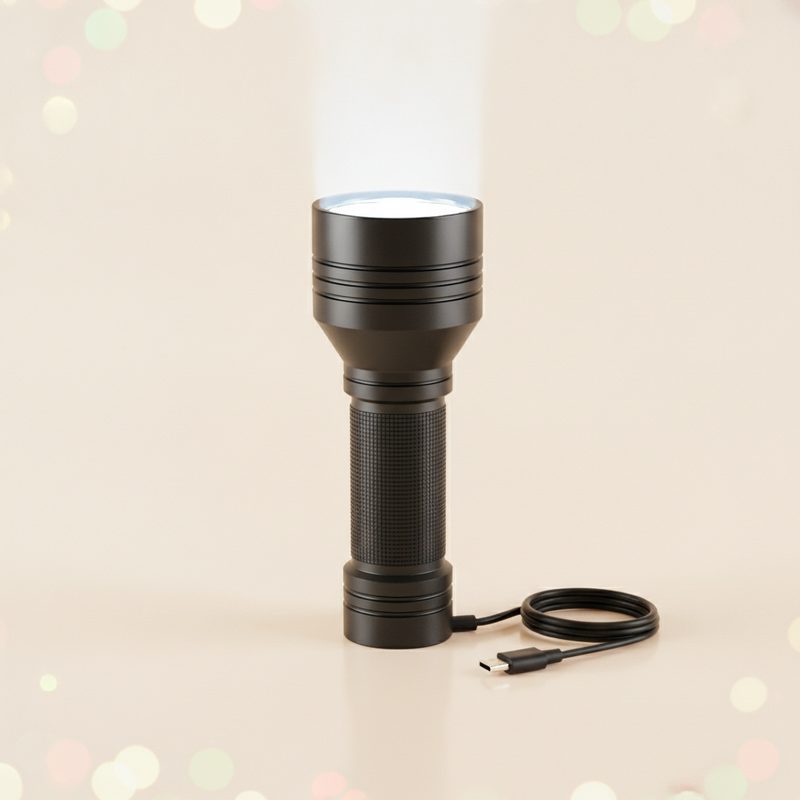 Representative black metal flashlight casting a bright beam across a dark driveway
