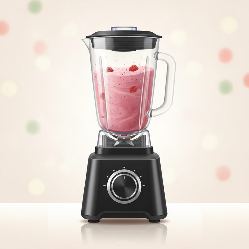 Representative high-speed blender with a smoothie on a kitchen counter
