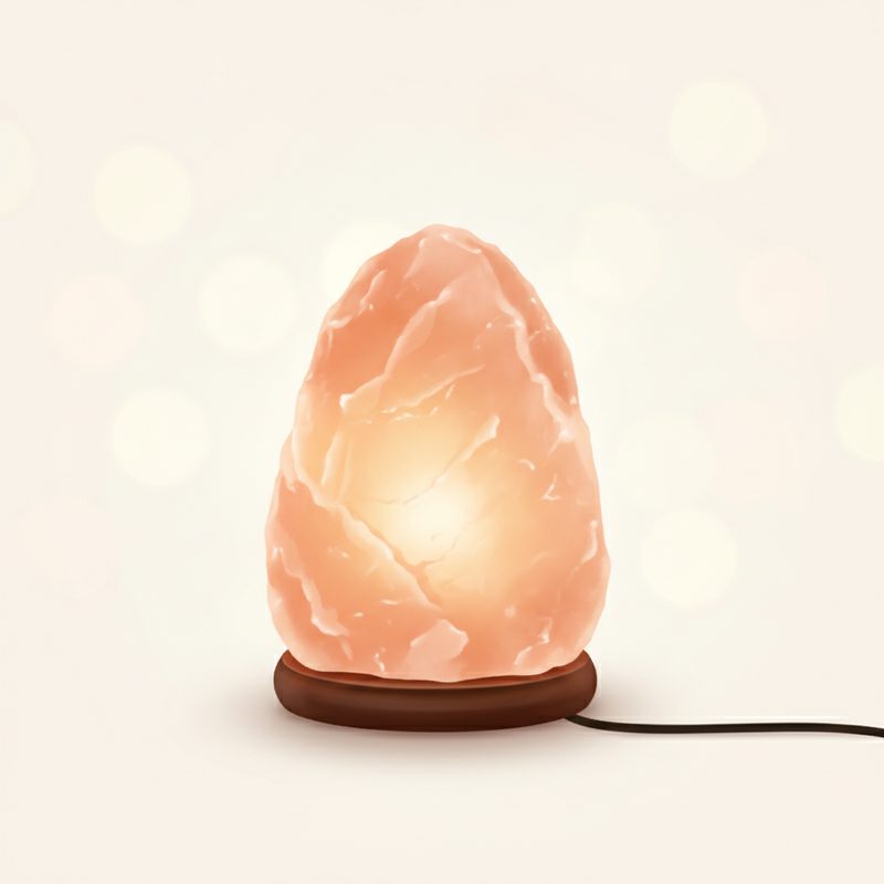 Representative pink salt lamp glowing amber on a wooden side table