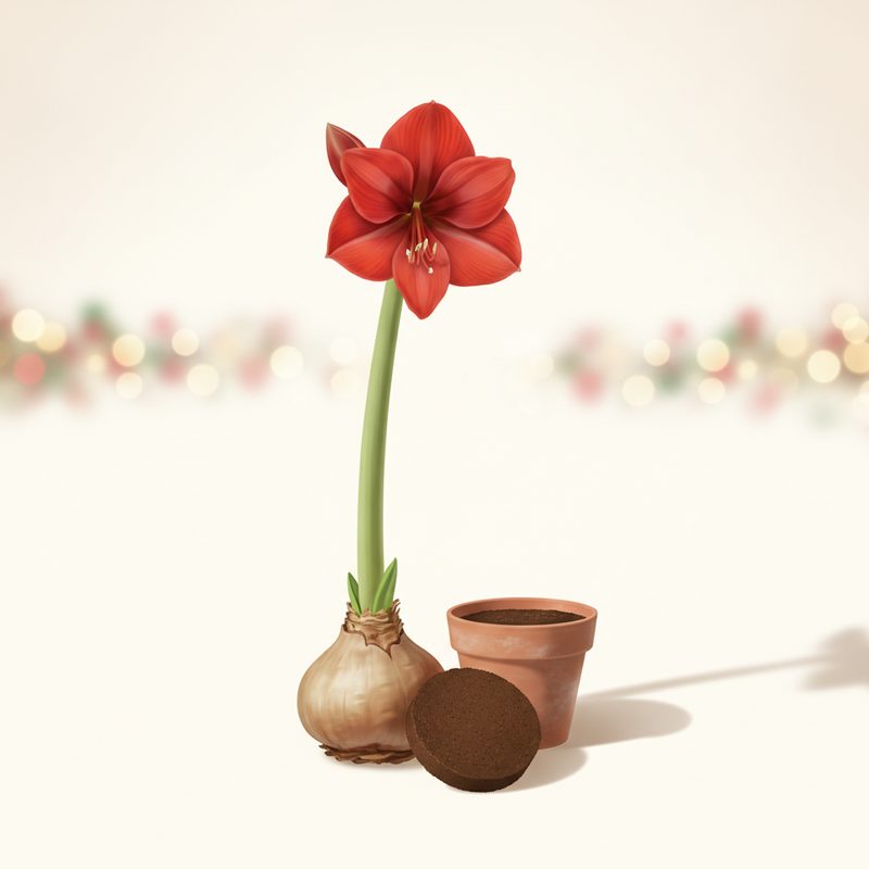 Representative amaryllis grow kit with a bulb, small pot, and red bloom
