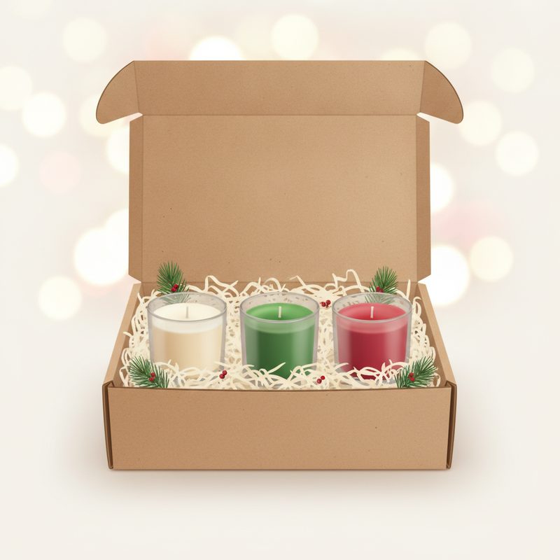 Representative boxed set of three small festive candles with evergreen accents