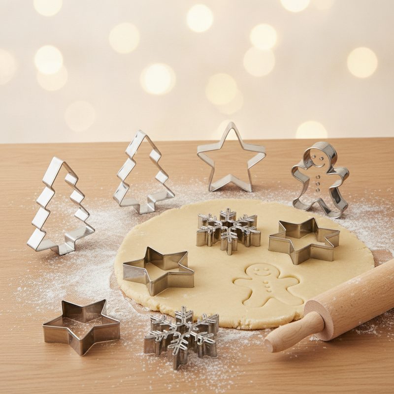 Representative metal holiday cookie cutters scattered on a floured counter
