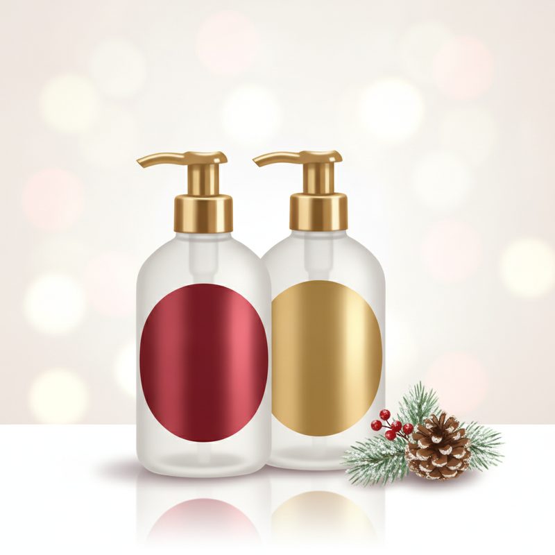 Representative two festive pump bottles of hand soap with winter greenery