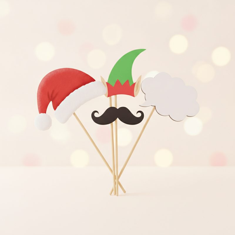 Representative holiday photo booth props on sticks fanned out on a table