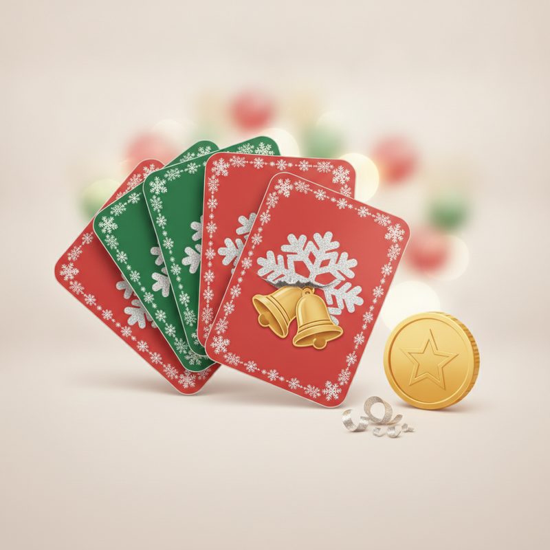 Representative fanned stack of festive scratch cards with foil panels and a coin nearby
