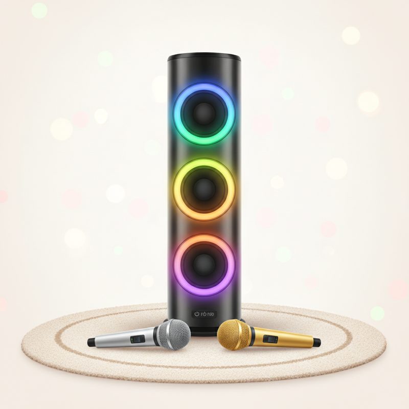 Representative karaoke machine with two microphones and glowing lights