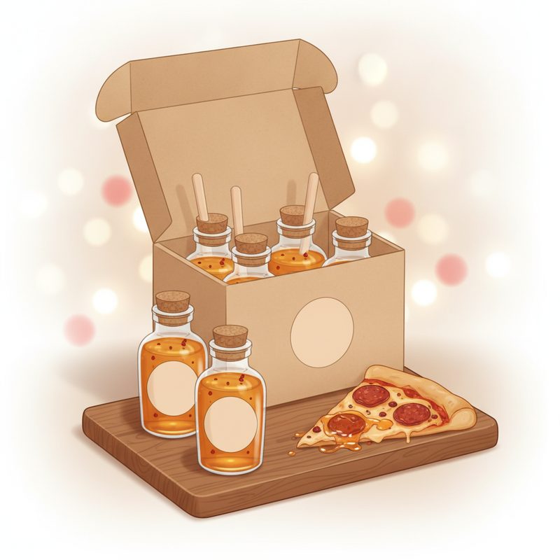 Representative hot honey gift set with amber bottles and chili flakes suspended in honey