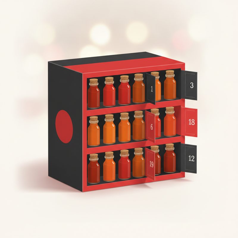 Representative holiday box holding rows of tiny hot sauce bottles in red and orange