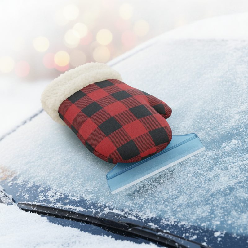 Representative ice scraper with an attached fleece-lined mitt on a frosty windshield