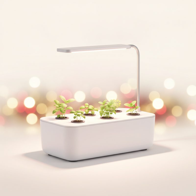 Representative countertop hydroponic garden with young herbs under a glowing light