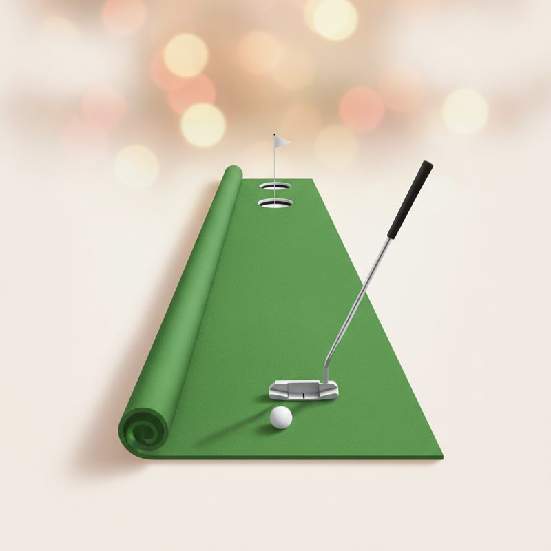 Representative roll-out putting mat with a golf ball and putter in a living room