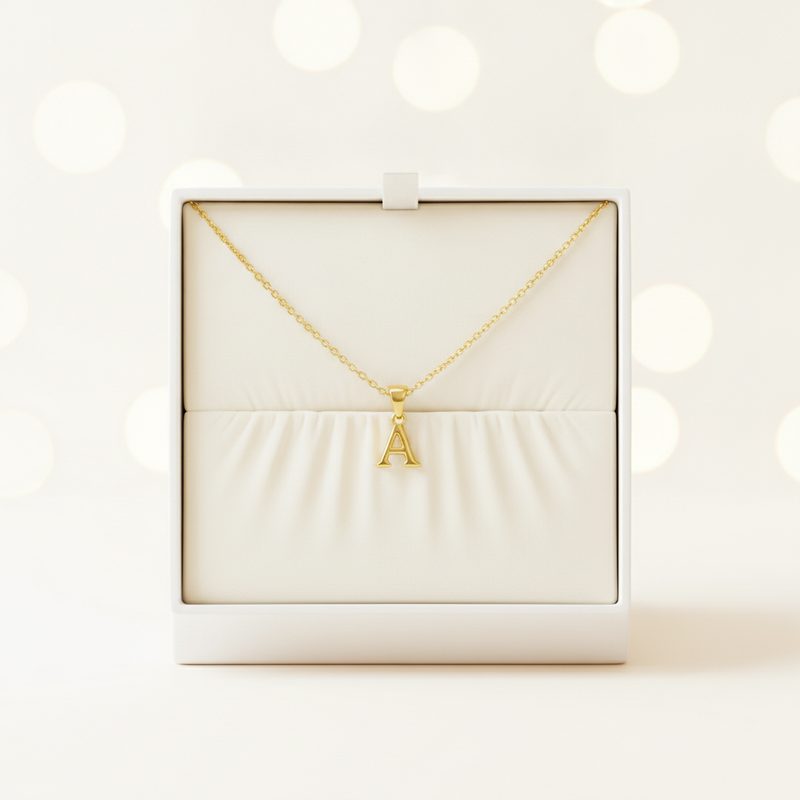 Representative delicate gold necklace with a single letter pendant in a gift box