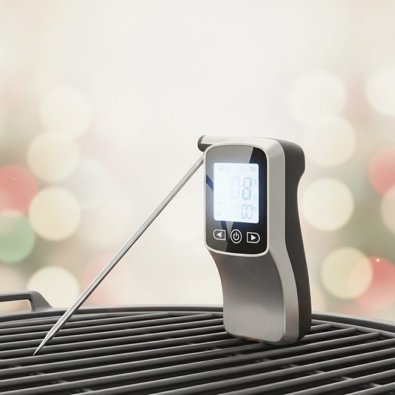 Representative digital instant-read thermometer with a fold-out probe beside a grill