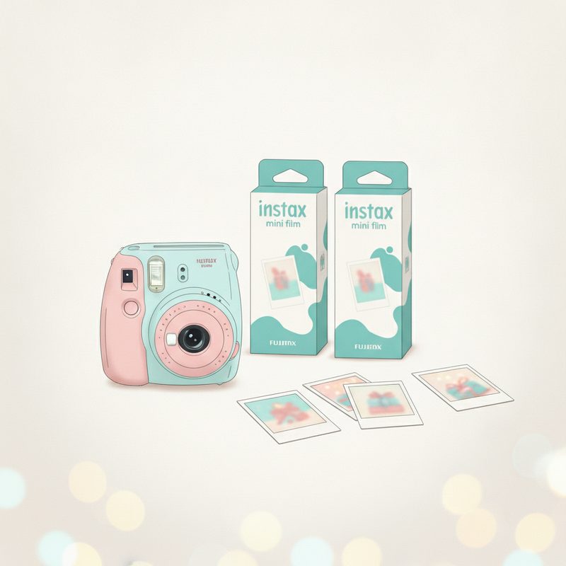 Representative instant film packs beside a pastel instant camera and printed photos