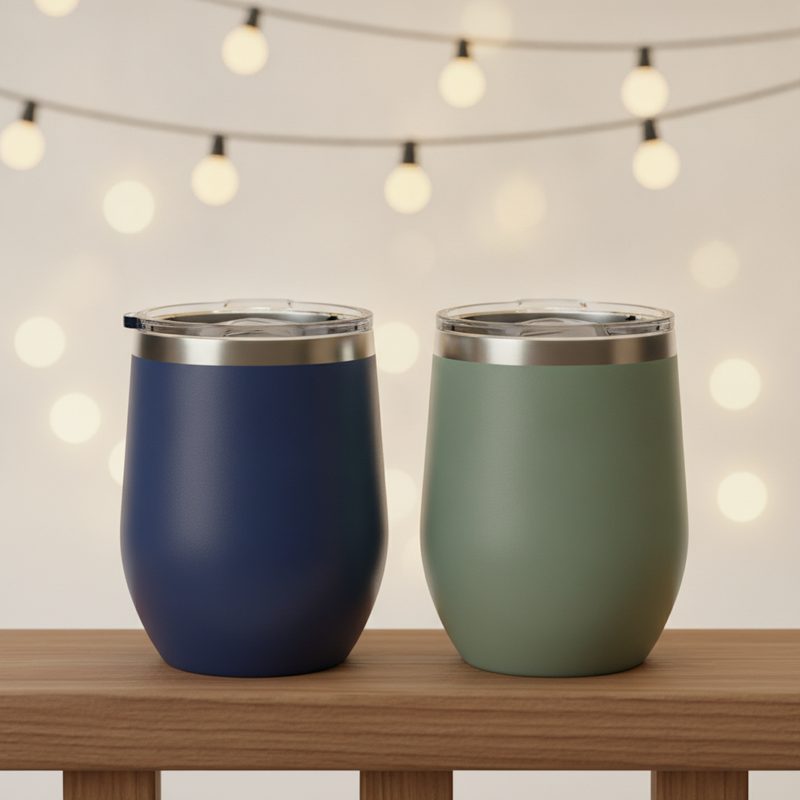 Representative pair of insulated stemless tumblers with lids on a wooden deck rail