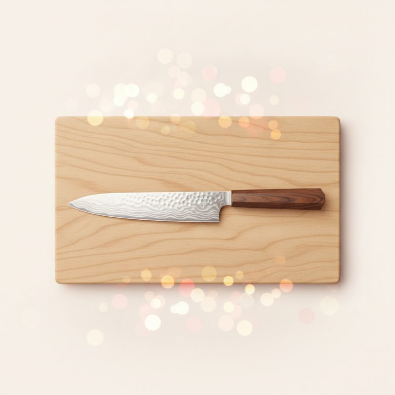 Representative Japanese chef knife resting on a wooden cutting board