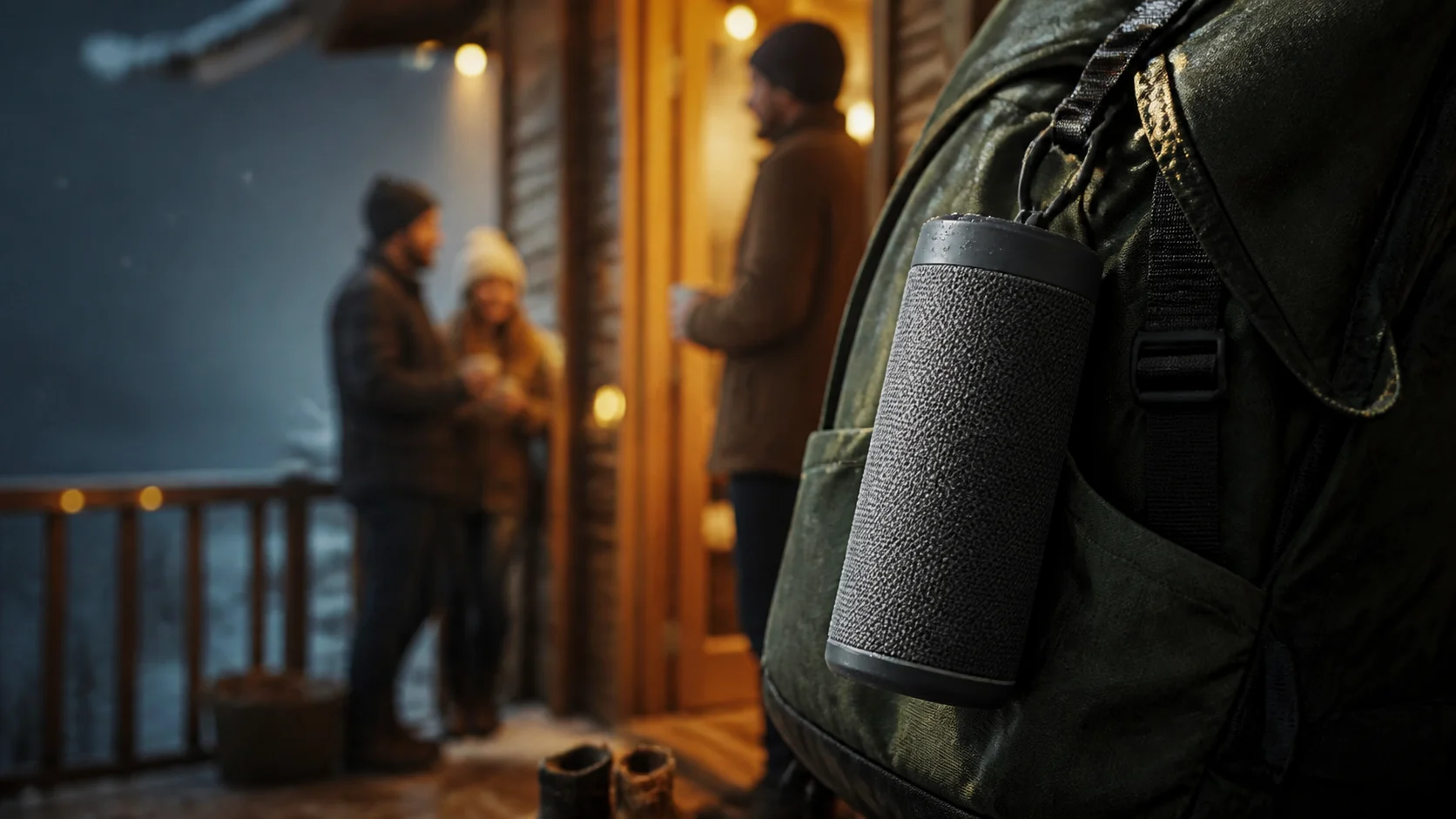 Representative compact portable speaker playing music at a winter cabin