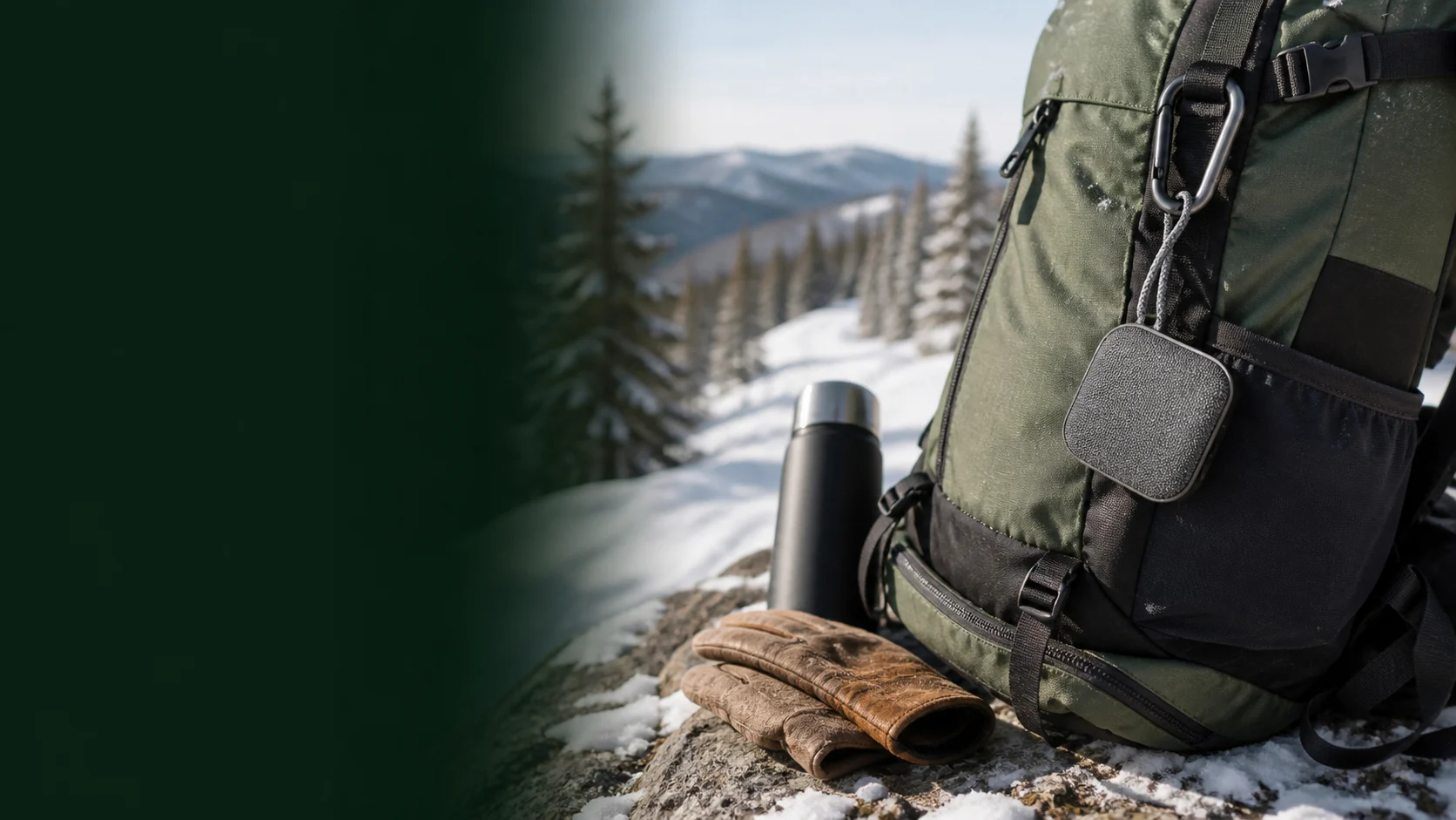 Representative pocket speaker attached to a winter hiking pack