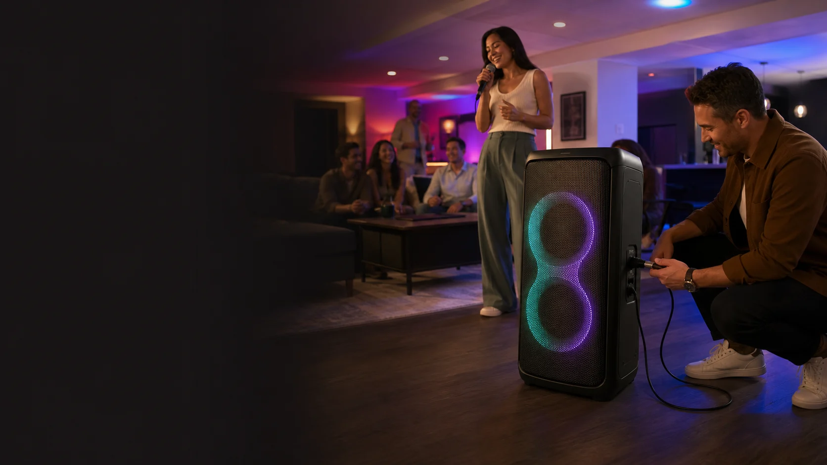 Representative basement karaoke scene with a large generic party speaker