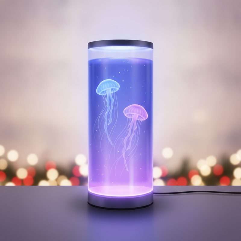 Representative desktop tank lamp with faux jellyfish drifting in colour-changing light