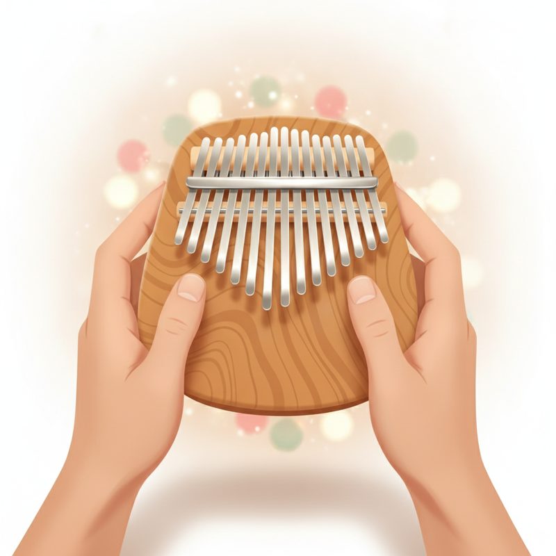 Representative wooden kalimba thumb piano with metal tines held in two hands