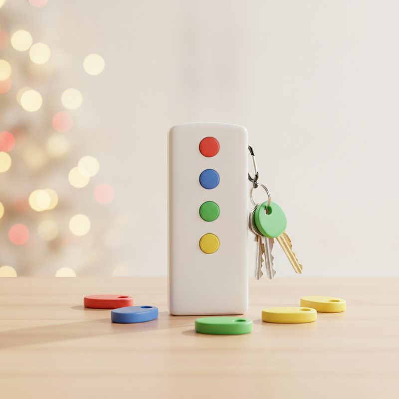 Representative key finder base with colourful tag receivers on a hallway table