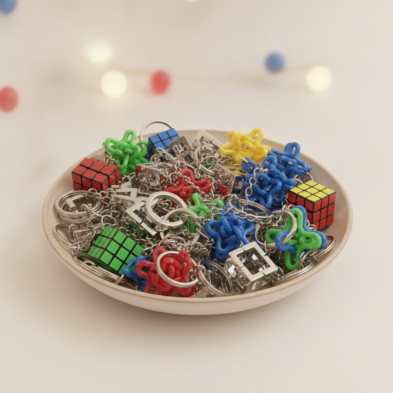 Representative assortment of small metal and plastic puzzle keychains in a bowl