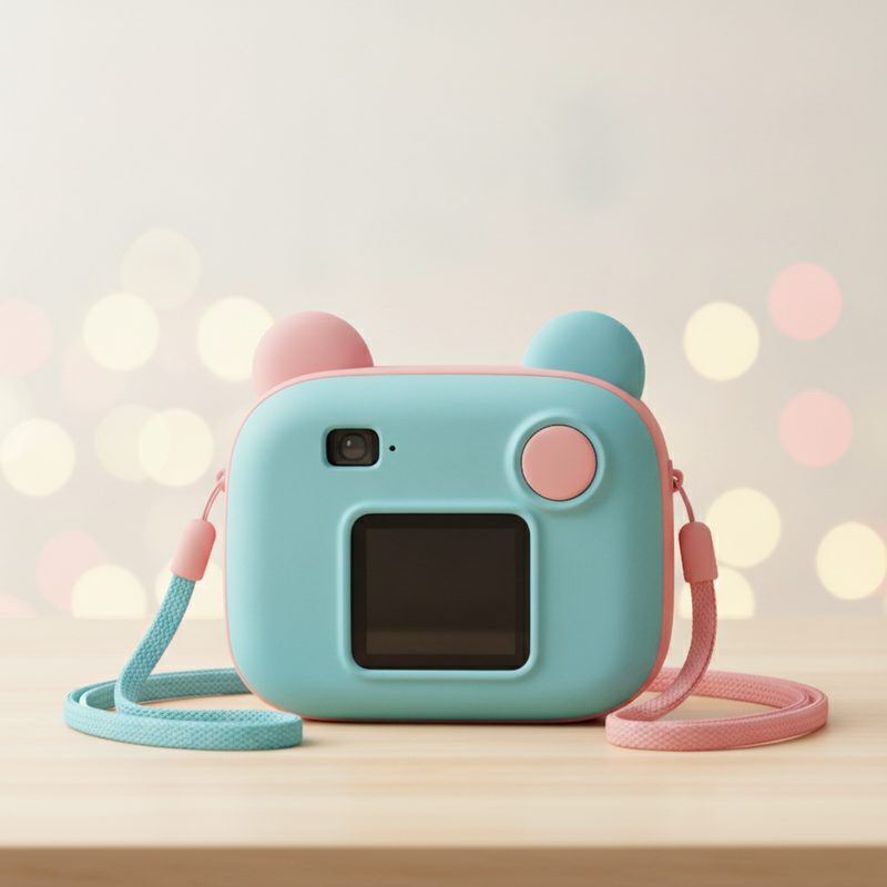 Representative chunky colourful kids camera hanging from a neck strap