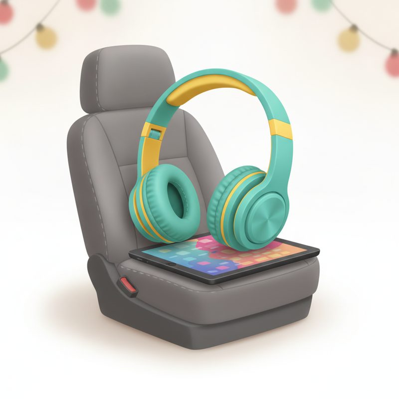 Representative colourful padded kids headphones on a car seat