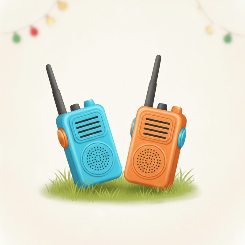 Representative pair of colourful kids walkie-talkies on a playroom floor
