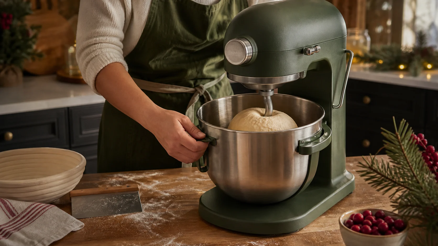 Representative bowl-lift stand mixer kneading bread dough on a kitchen counter