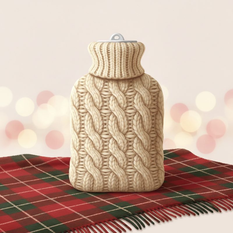 Representative hot water bottle in a chunky cream cable-knit cover on a blanket