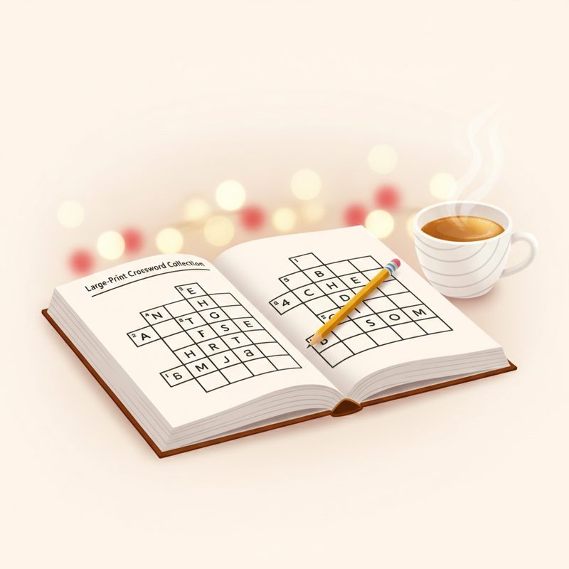 Representative large-print crossword book open beside a teacup and pencil